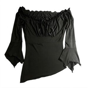 Ruiyige Black Off-Shoulder Asymmetric Top with Bell Sleeves Milkmaid Babydoll